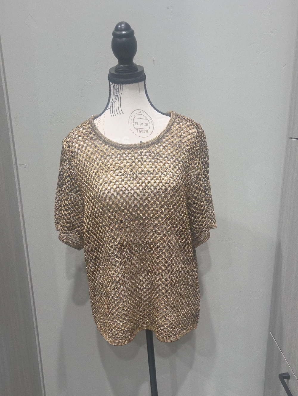 Halogen Metallic Gold Open-Weave Short Sleeve Top